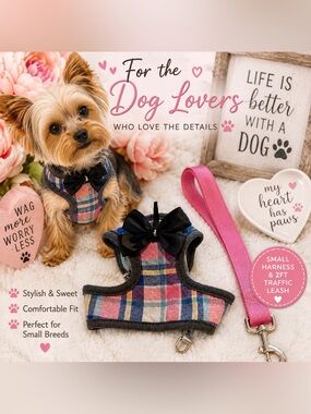 Small Plaid Dog Harness with Black Bow & 2-Foot Pink Traffic Leash